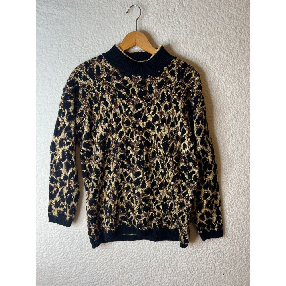 Vintage Rose Mens Leopard Print Mock Neck Metallic Gold Lurex Knit Sweater USA